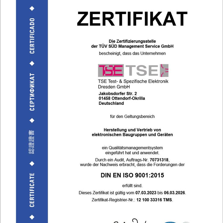 Zertifikat der TSE Test- & Spezifische Elektronik Dresden GmbH in Ottendorf-Okrilla
