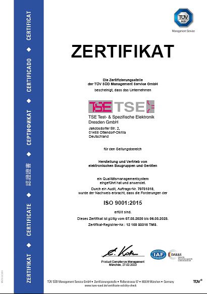 Zertifikat der TSE Test- & Spezifische Elektronik Dresden GmbH in Ottendorf-Okrilla